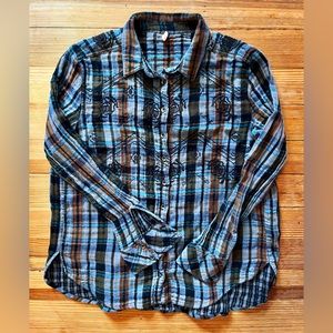 Free People Embroidered Plaid Button Down